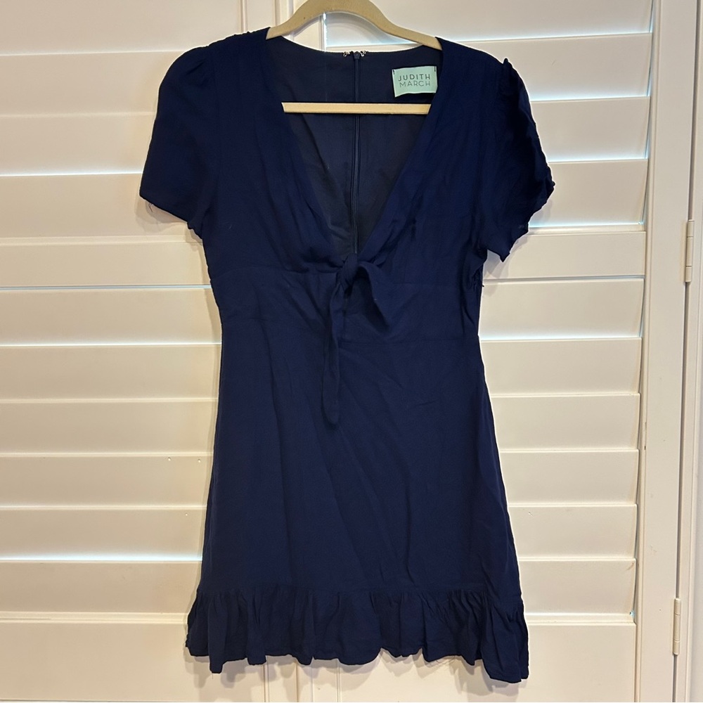 Judith March Tie Front Short Sleeve Mini Dress Navy Blue Medium